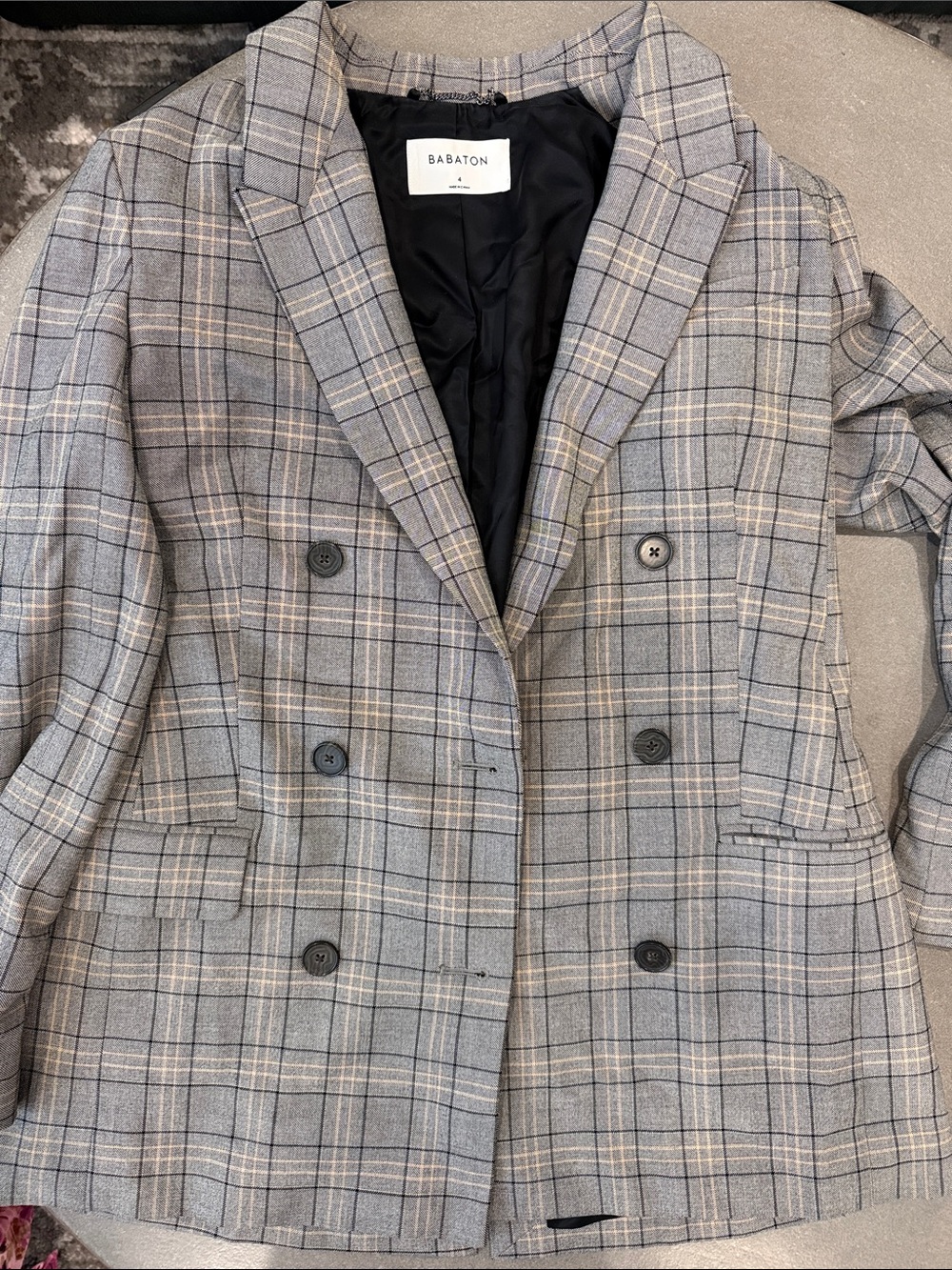 Babaton Gray Plaid Double-Breasted Suit Jacket with Neutral Windowpane